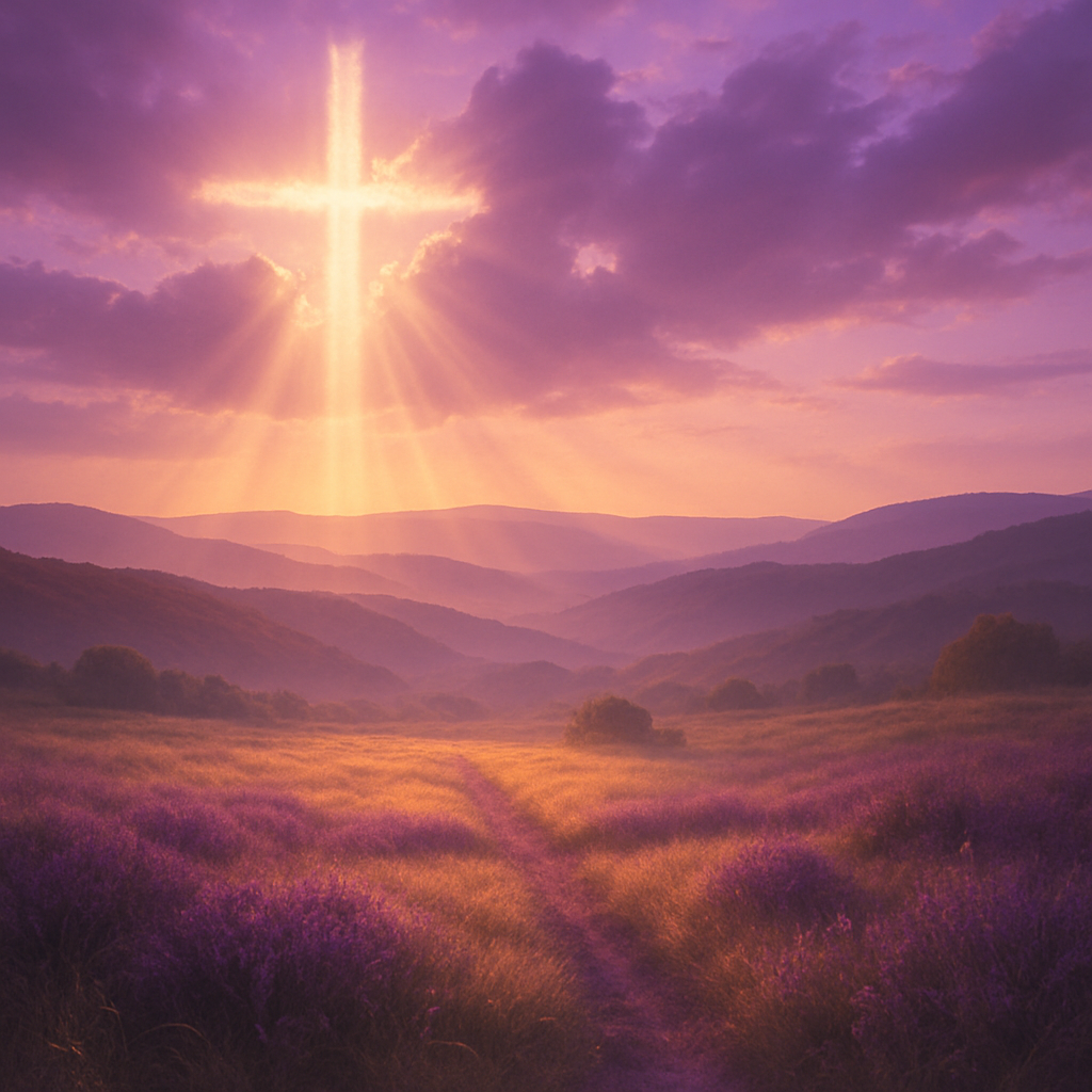 Create a photorealistic image that captures a serene landscape at golden hour, with soft morning light illuminating a wide view of rolling hills. Incorporate subtle cross shapes formed by the natural textures of the landscape, and let light rays break through the clouds, symbolizing divine presence. Use purple accent colors to enhance the spiritual atmosphere, blending them into the sky and the foreground. The composition should evoke a sense of peace and victory, inviting viewers to feel the power of faith without any text or words.