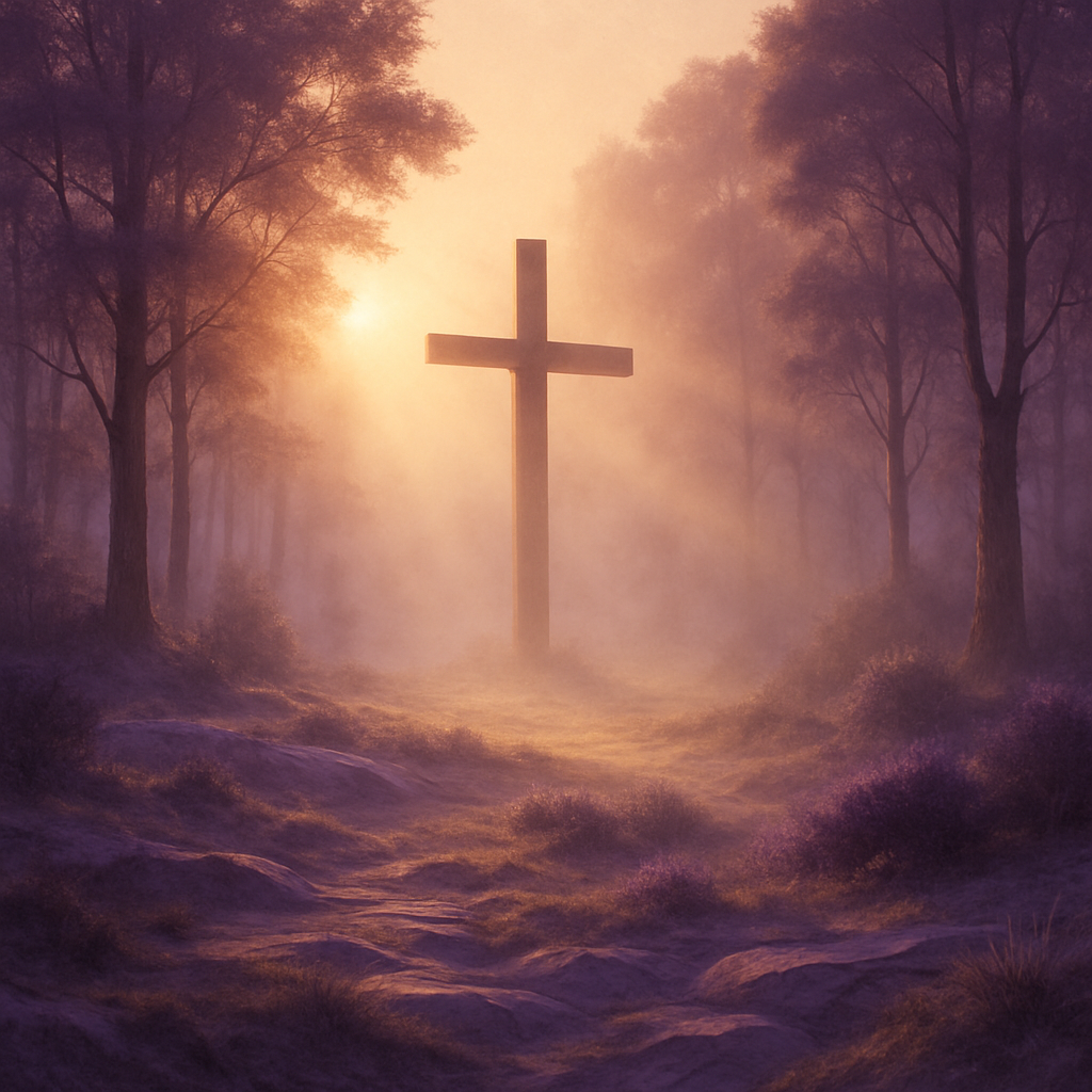 Create a photorealistic image that captures a serene landscape at golden hour, featuring a dramatic perspective of a subtle cross emerging from a misty forest. Soft light rays filter through the trees, casting gentle shadows on the ground, where abstract shapes and natural textures intertwine. Use purple accent colors to enhance the spiritual atmosphere, creating a sense of depth and mystery. The composition should evoke a feeling of introspection and strength, inviting viewers to look beyond the surface and engage in their spiritual journey.