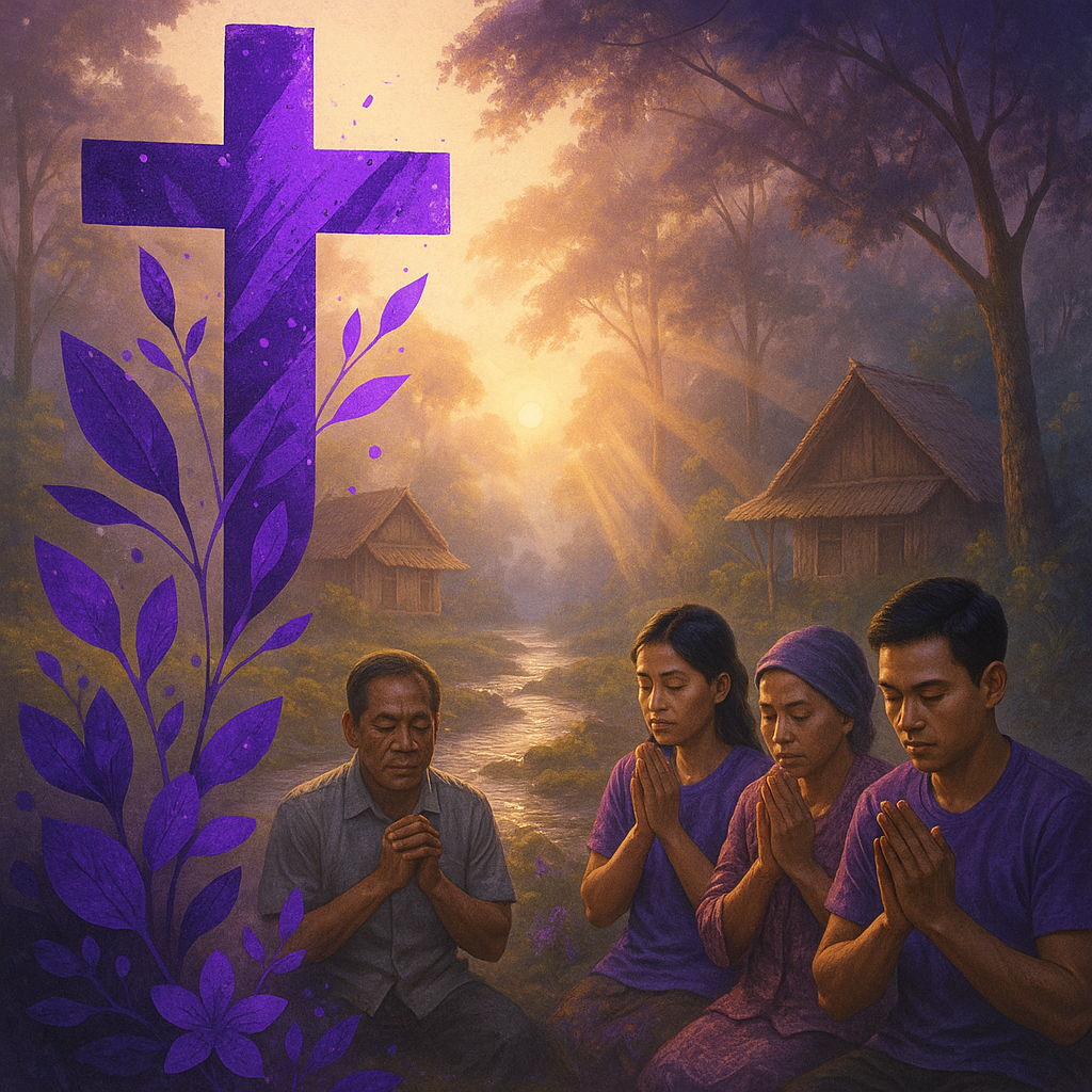 **Image Prompt:**

Create a serene, photorealistic landscape depicting a tranquil Indonesian village at dawn, bathed in soft morning light. Include subtle light rays breaking through the trees, illuminating a gentle stream that flows through the scene. In the foreground, incorporate abstract shapes resembling a cross, intertwined with natural textures like leaves and flowers. The color palette should feature rich purple accents (#6B46C1, #9333EA) to evoke a spiritual atmosphere. Optionally, include a diverse group of Indonesian Christians in prayer, reflecting their faith amidst the beauty of nature, embodying the theme of spiritual warfare through prayer.