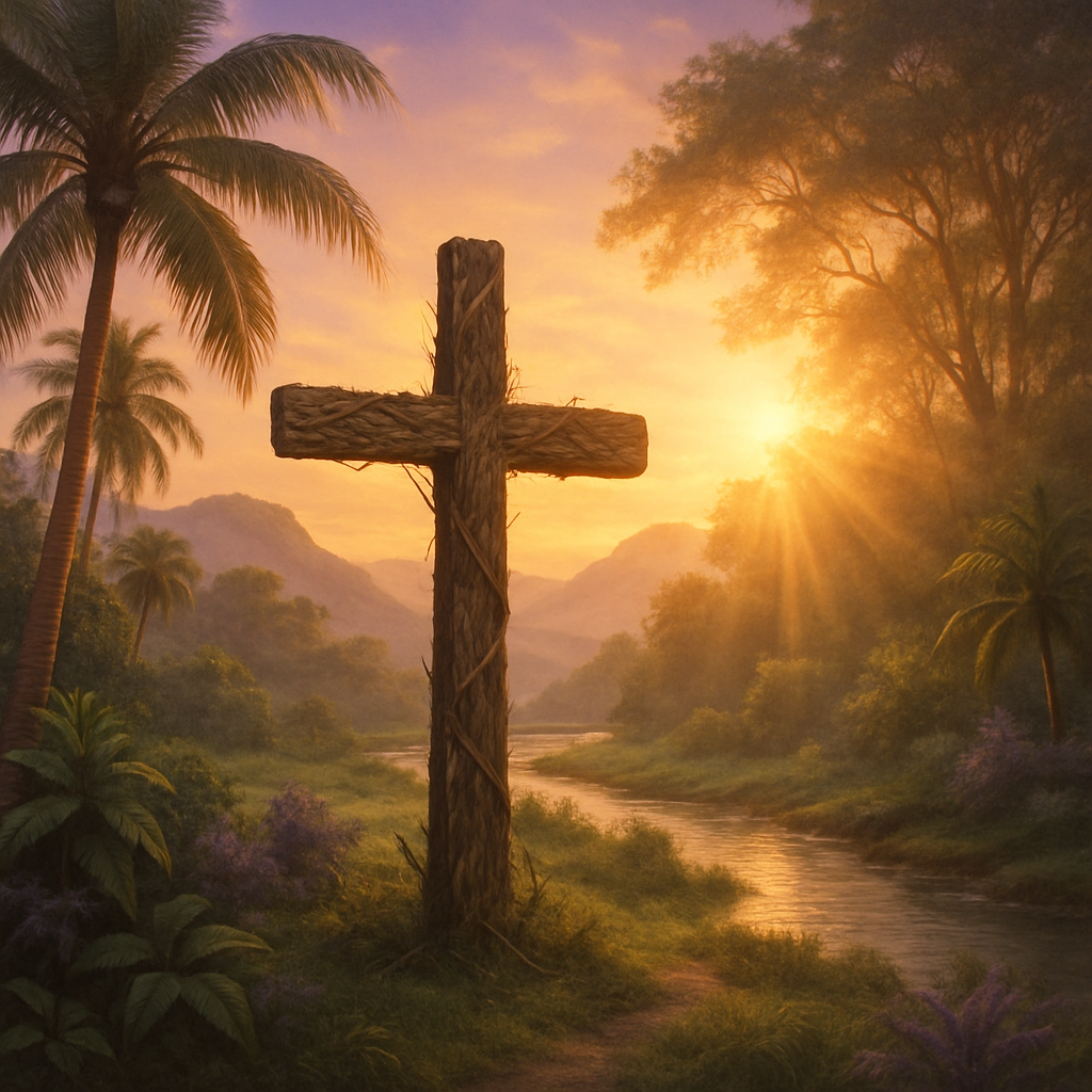 **Image Prompt:**

Create a serene landscape at golden hour, featuring a lush tropical setting with rolling hills and a gentle river. Incorporate subtle light rays breaking through the trees, casting a warm glow. In the foreground, include a large, abstract cross made of natural textures like wood and vines, symbolizing unity with God. The scene should evoke a sense of peace and spiritual reflection, with soft purple accents in the sky and foliage. No people are present, allowing the viewer to focus on the tranquil beauty and symbolism of the landscape, embodying the theme of spiritual strength and connection to God.