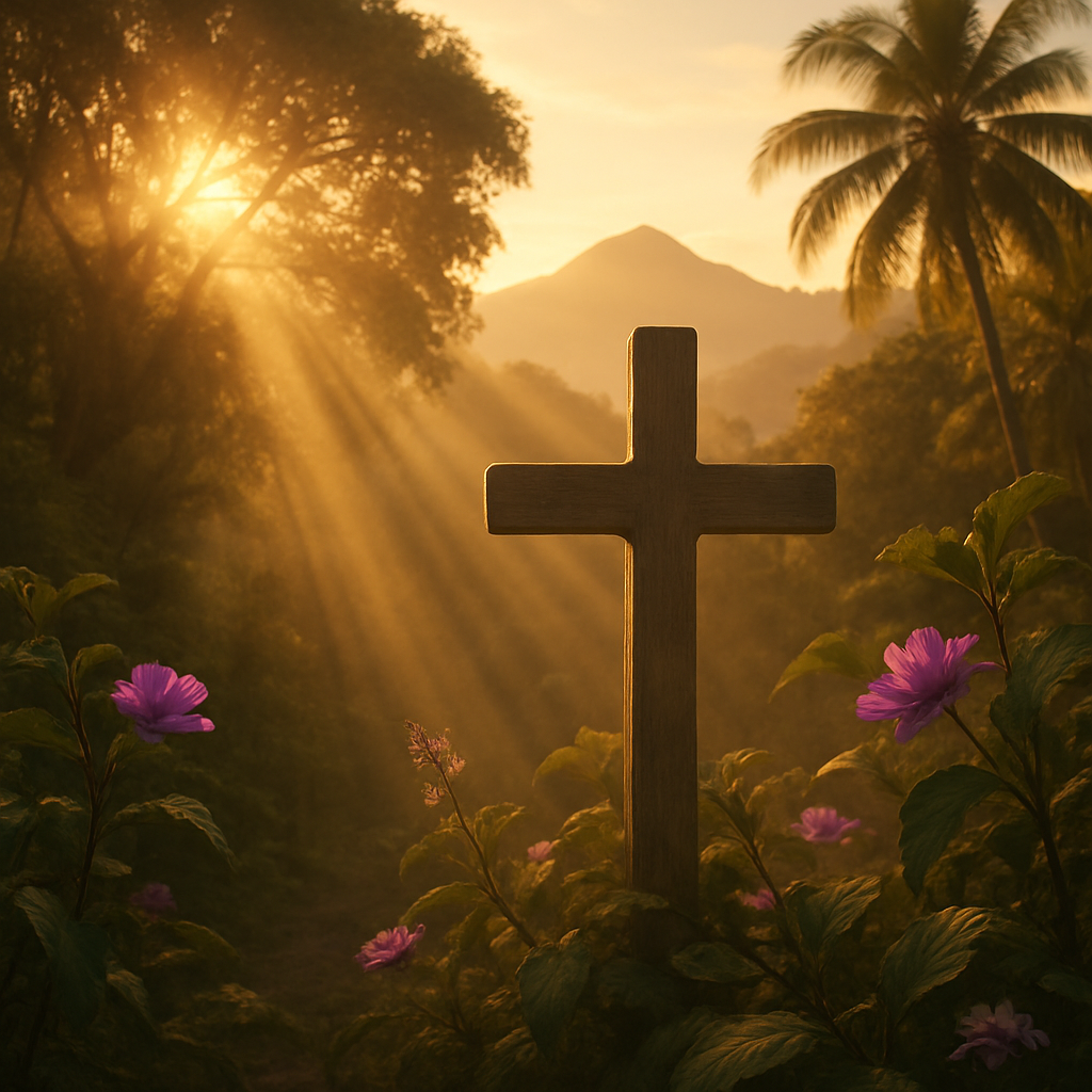 **Image Prompt:**

Create a photorealistic scene depicting a serene tropical landscape at golden hour, with soft morning light filtering through lush trees. In the foreground, include an intimate close-up of a subtle cross partially obscured by natural textures, like leaves and flowers, symbolizing faith. Light rays break through the canopy, illuminating the cross, creating a divine atmosphere. The background features distant mountains, hinting at a journey of faith. No people are present, allowing the viewer to focus on the symbolism of standing firm against darkness. Use purple accent colors to enhance the spiritual ambiance.