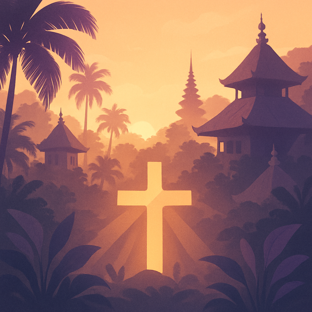 **Image Prompt:** Create a serene landscape at golden hour, featuring a wide view of a lush tropical setting in Indonesia. In the foreground, incorporate subtle abstract shapes that suggest a cross, illuminated by soft light rays breaking through the trees. The background should showcase traditional Indonesian architecture, blending harmoniously with nature. The scene should evoke a sense of peace and spiritual reflection, inviting viewers to contemplate the power of spoken faith. Use purple accent colors to enhance the atmosphere, ensuring a modern minimalist style without any people, focusing solely on the beauty of the landscape and symbols of faith.