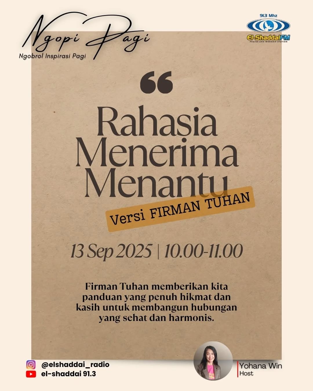 😊👋Shalom Keluarga El-Shaddai, Yohana Win hadir kembali untuk Keluarga El-Shaddai semua pada Pr